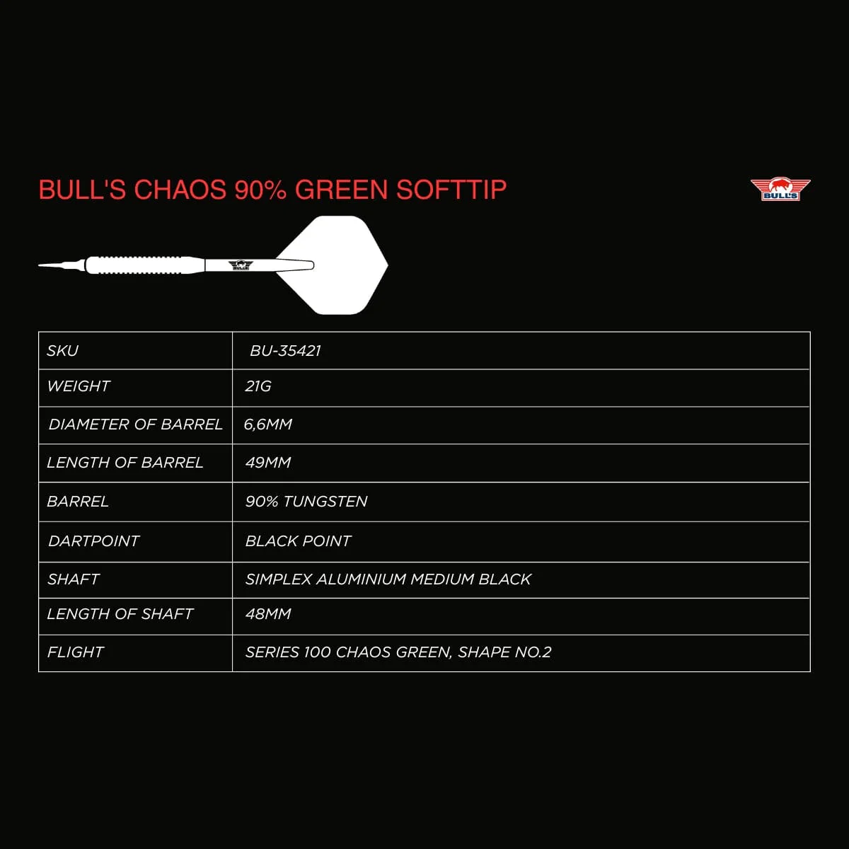 Bulls Chaos Darts - Soft Tip - 90% Tungsten - Green - Image 4