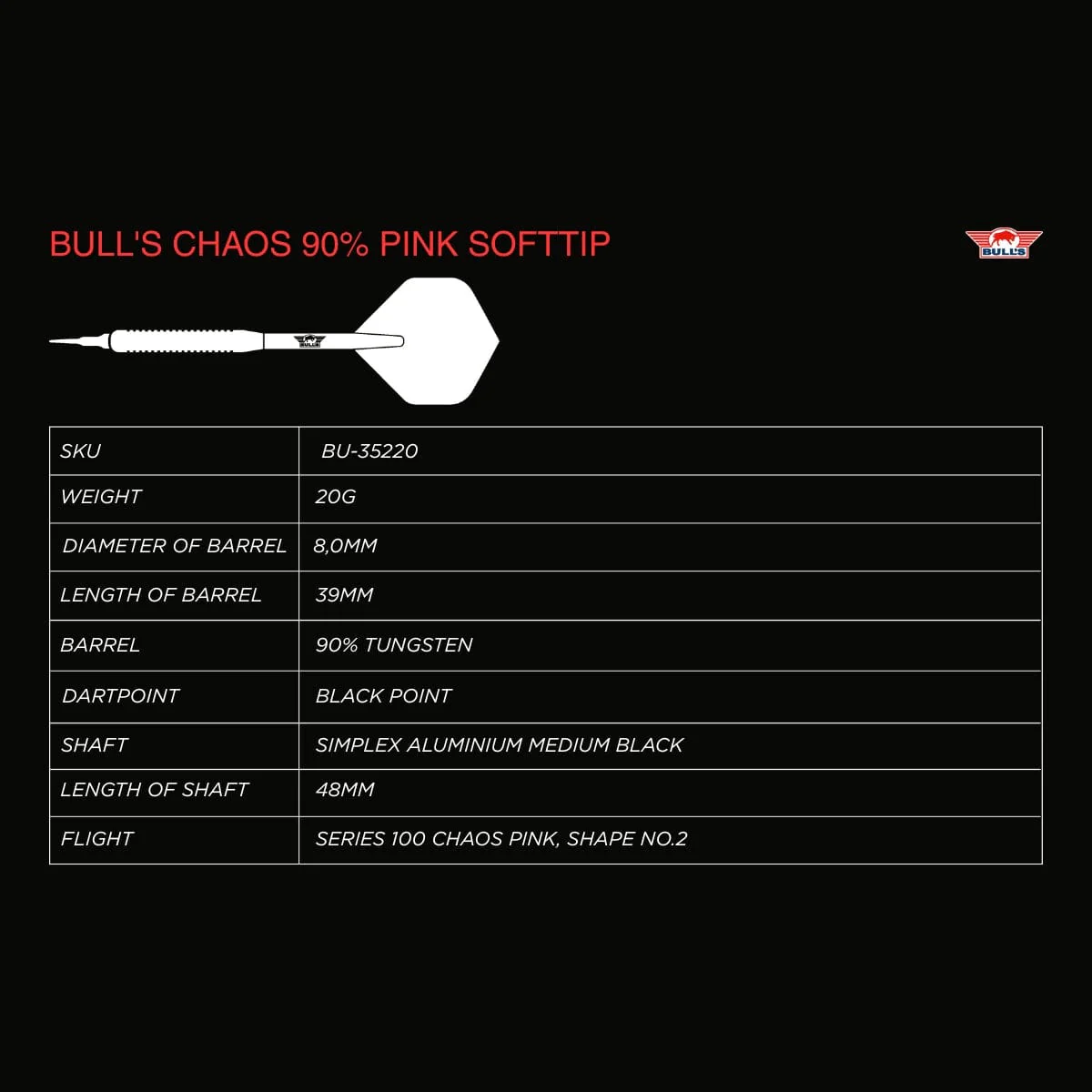 Bulls Chaos Darts - Soft Tip - 90% Tungsten - Pink - Image 4
