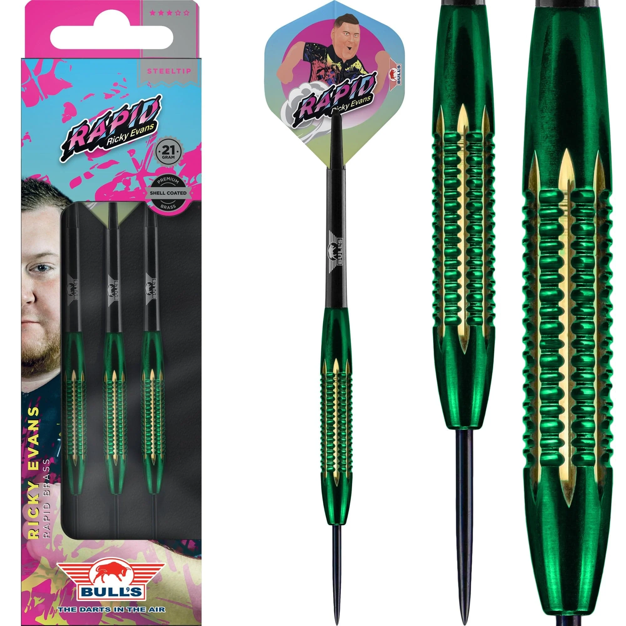 Bulls Ricky Evans Darts - Steel Tip - Shell Coated Brass - Rapid - Green - Image 2