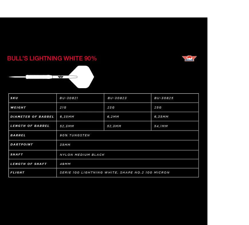 Bulls White Lightning Darts - Steel Tip - 90% Tungsten - Image 5