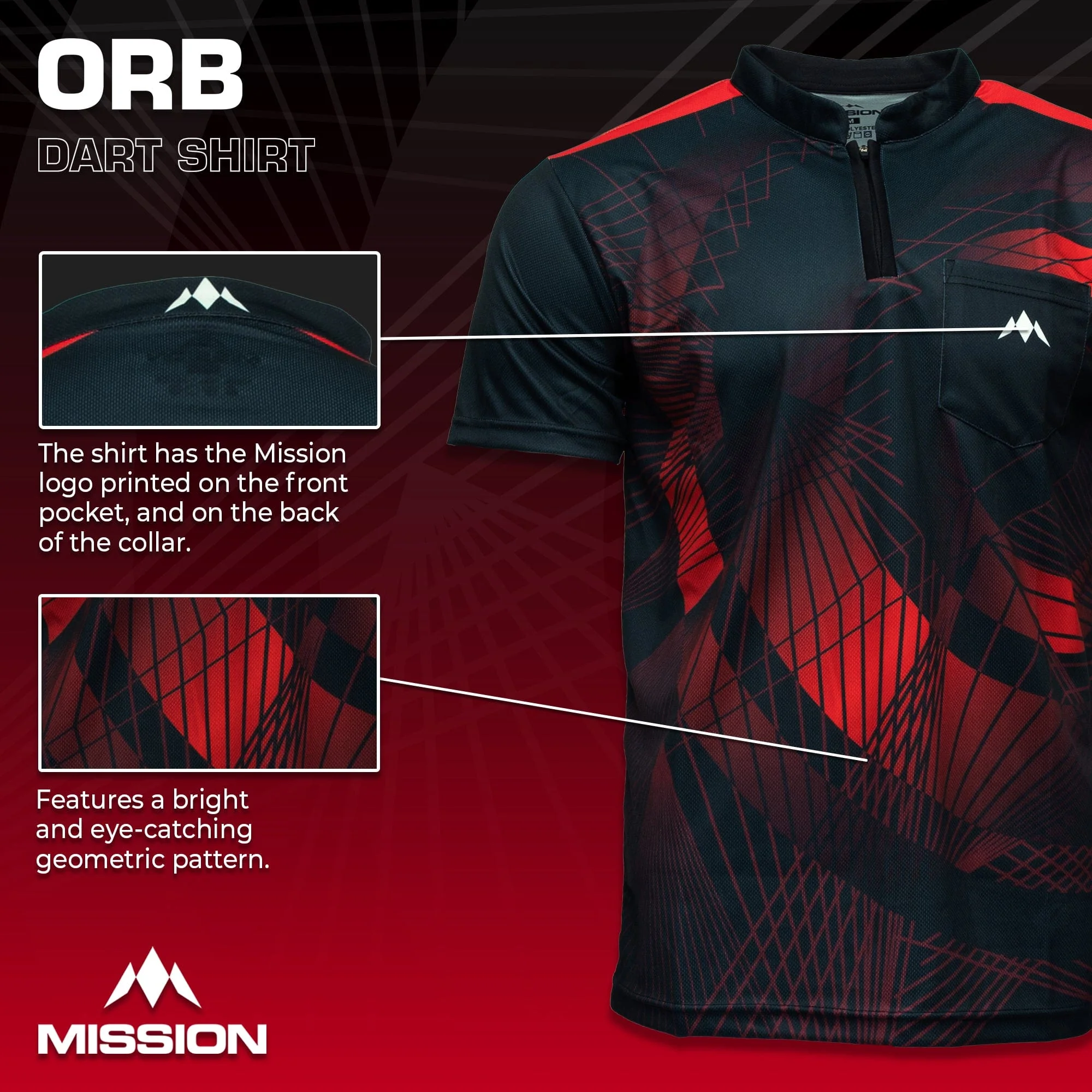 *Mission Darts Orb Dart Shirt - Collarless - Lightweight - Black & Red - Image 3