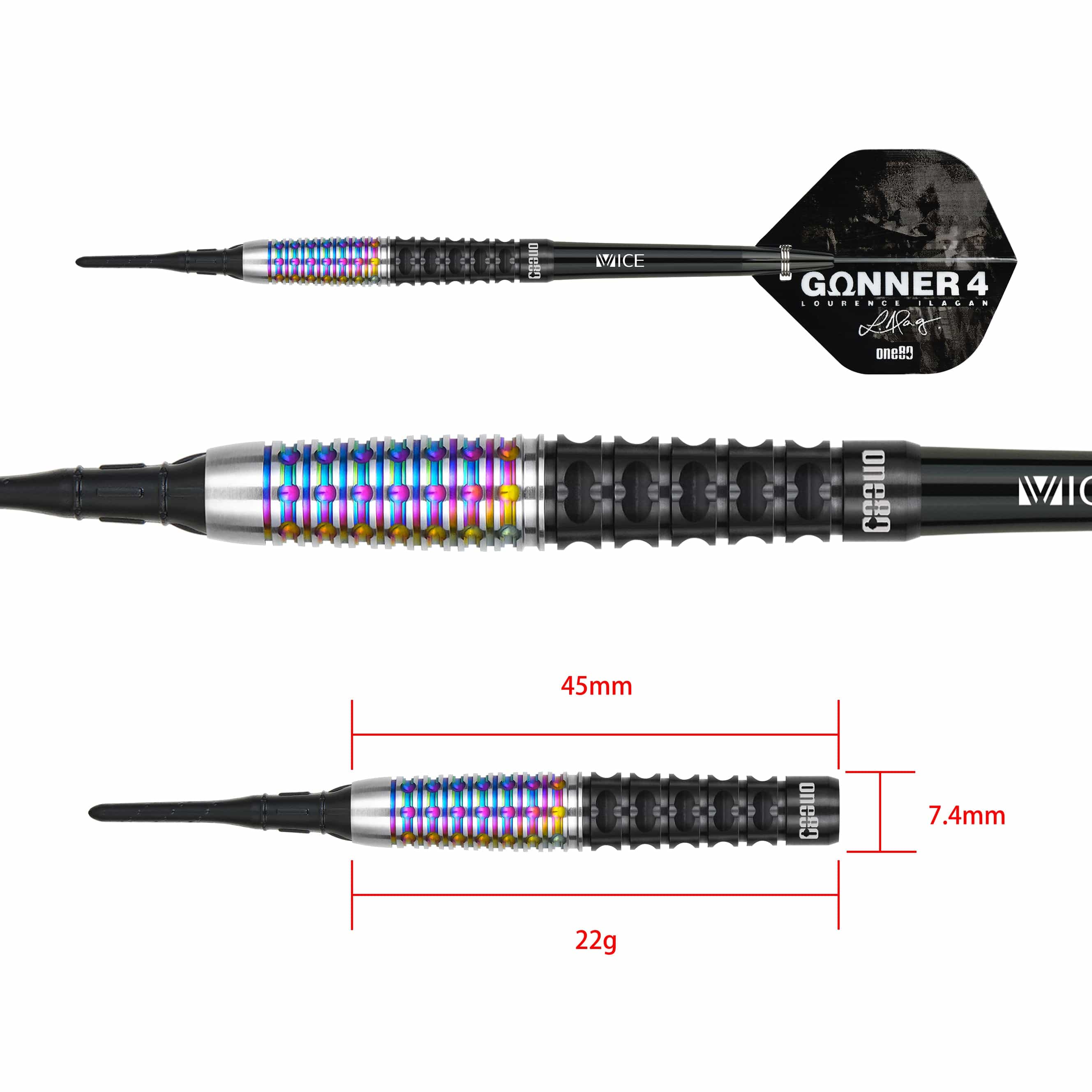 One80 Lourence Ilagan Darts - Soft Tip - 90% Tungsten - Rainbow - 22g - Image 2
