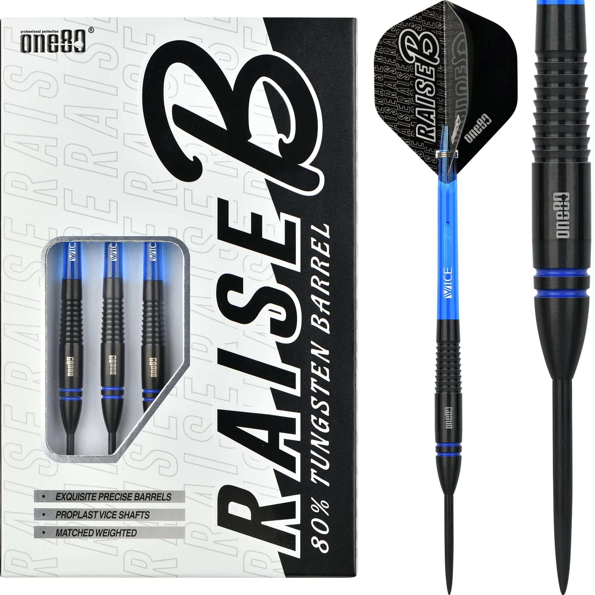 One80 Raise B Darts - Steel Tip - Black - Blue Rings
