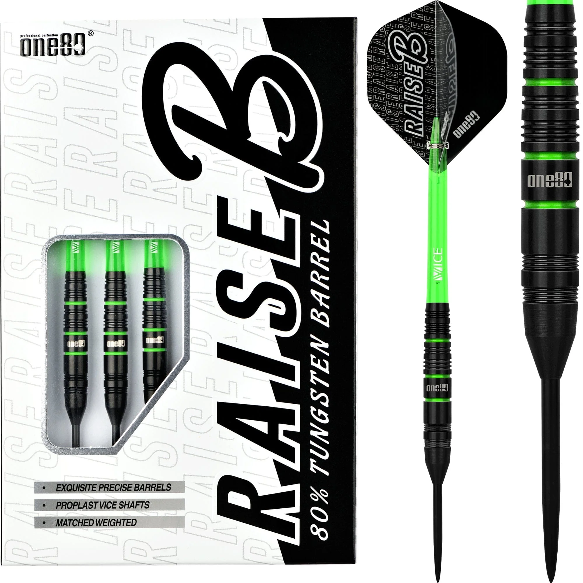 One80 Raise B Darts - Steel Tip - Black - Green Rings
