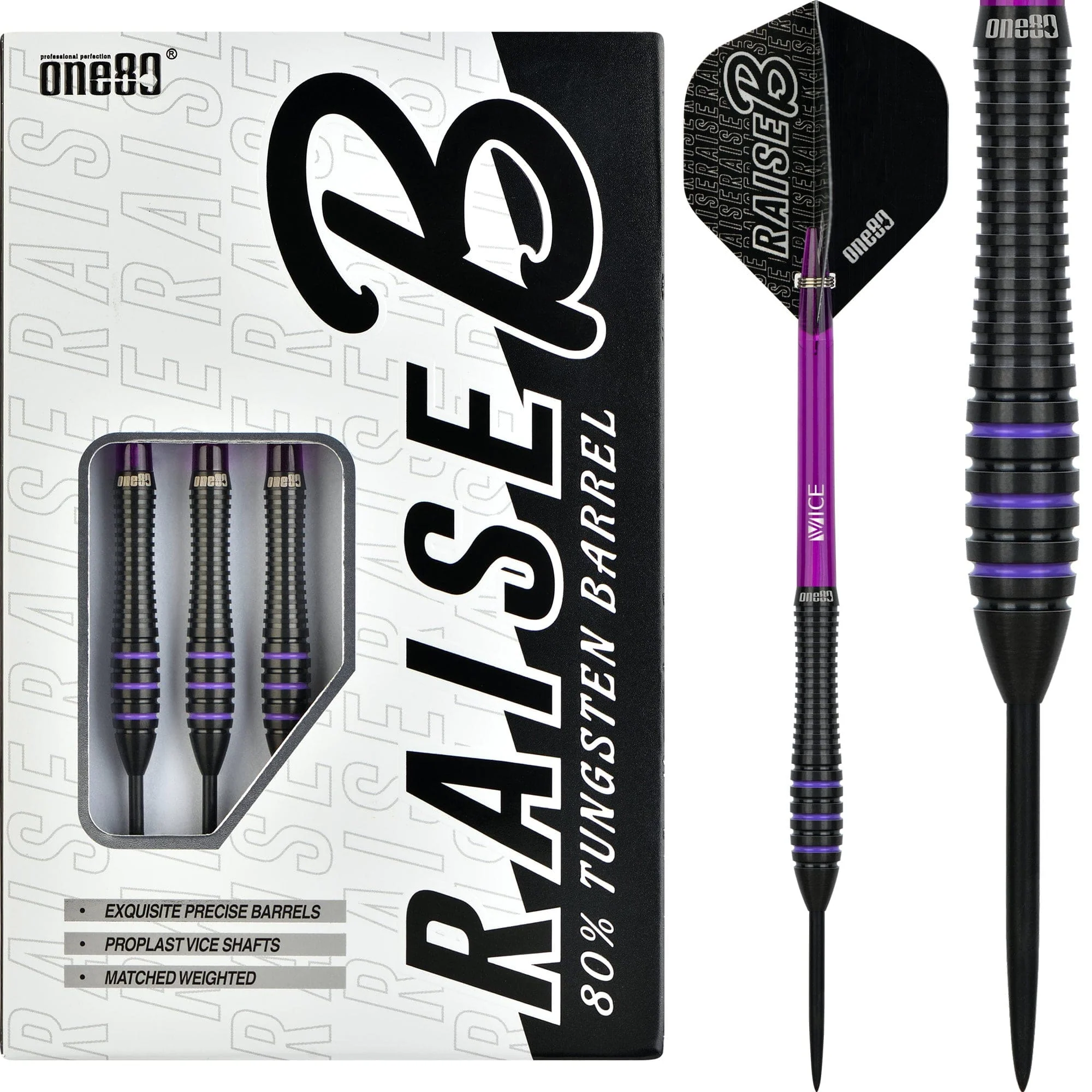 One80 Raise B Darts - Steel Tip - Black - Purple Rings
