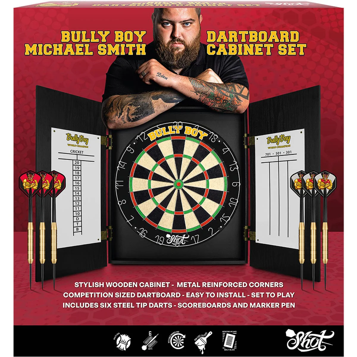 Shot Michael Smith Dartboard Cabinet Set - inc 2 Sets Darts - Bully Boy - Image 4