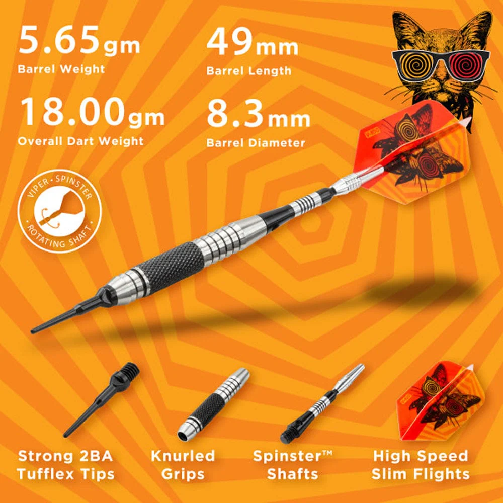 Viper The Freak Darts - Soft Tip - Nickel Silver - with Spinster Shafts - F3 - Black Knurl - Image 4